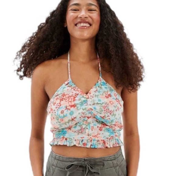 NWT American Eagle blue coral floral ruched crop top M - Picture 1 of 12